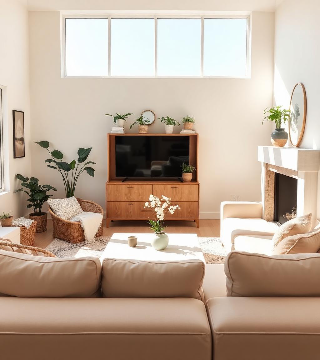 Bright, freshly cleaned living room with tidy surfaces and plants